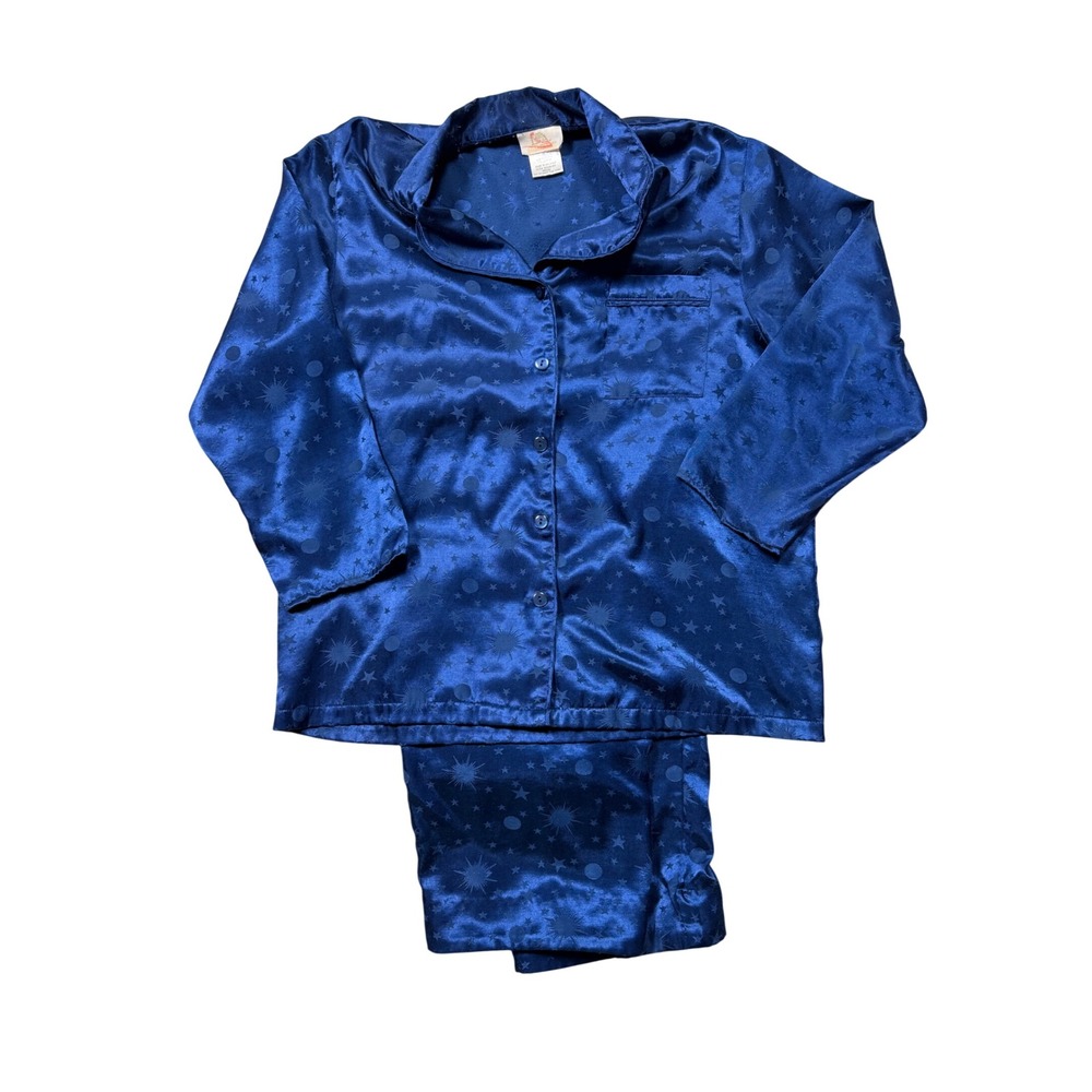 Vintage 90s Blue Satin Celestial Pajama Set Medium Sun Moon Stars Y2K